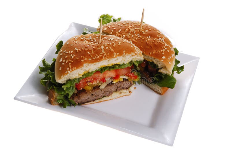 Beef burger with vegetables served on white plate.