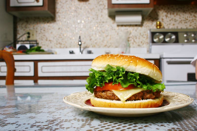 Big burger in a vintage kitchen