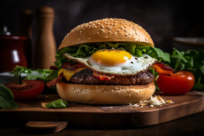 Burger with Beef Patty, Bacon, Fried Egg and Vegetables. Generative AI