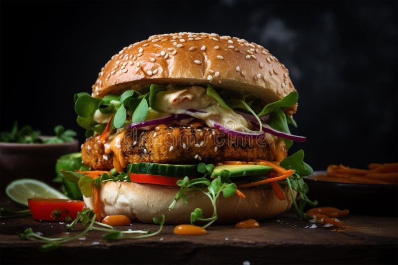 Burger with Breaded Patty and Vegetables. Generative AI Stock