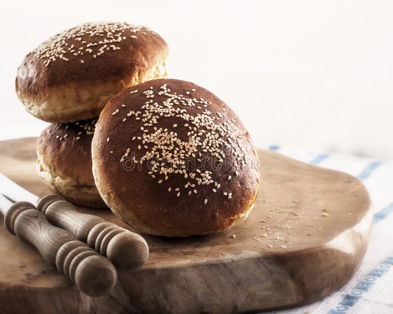 Burger Buns Ready Grill Sesame Seeds Top Stock Photos Free & Royalty