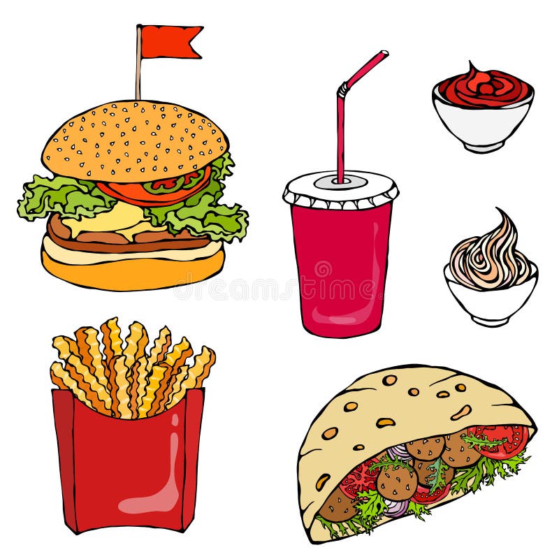 French Fries Potato. Fast Food. Realistic Doodle Cartoon Style Hand
