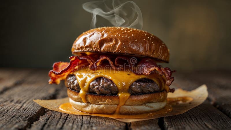 Burger de apă de gură cu brânză topită și slănină crocantă este aburind pe o suprafață rustică din lemn stock images