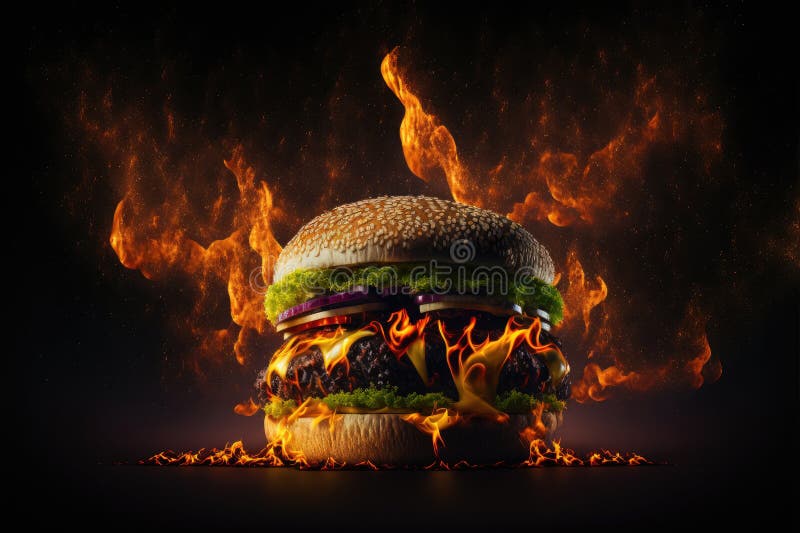 Burger on Fire Flames a Dark and Moody Background AI Generative Stock