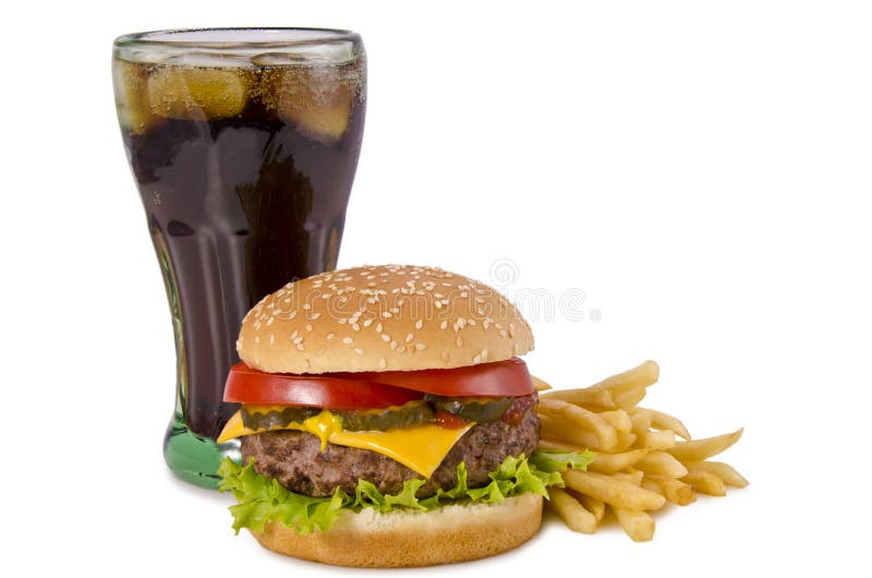 Burger, french fries and cola stock images