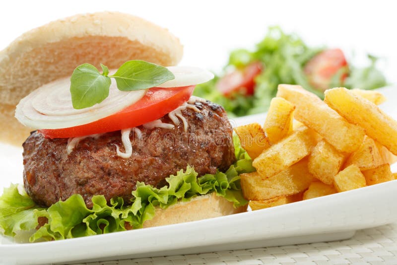 Burger with fries isolated on white stock image
