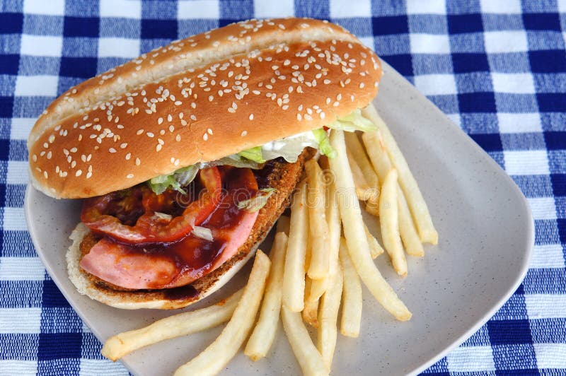 Burger With Fries And Tomato Ketchup Stock Photo Image of burger
