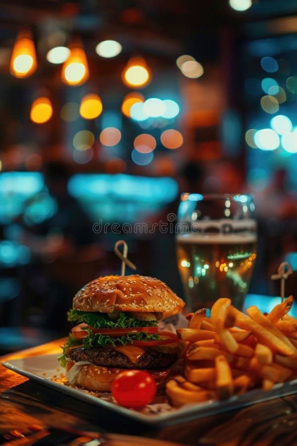 Burger i frytki są na talerzu przed szklanką piwa zdjęcie stock
