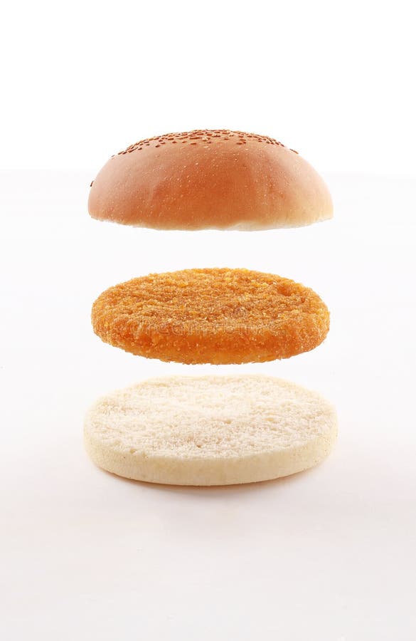 Burger Layers, Bun, Toast Bread and Cheese on White Background Stock