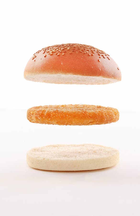 Burger Layers, Bun, Toast Bread and Cheese on White Background Stock