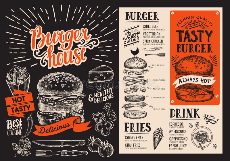 Burger menu. Vector food flyer for restaurant and cafe. Design t