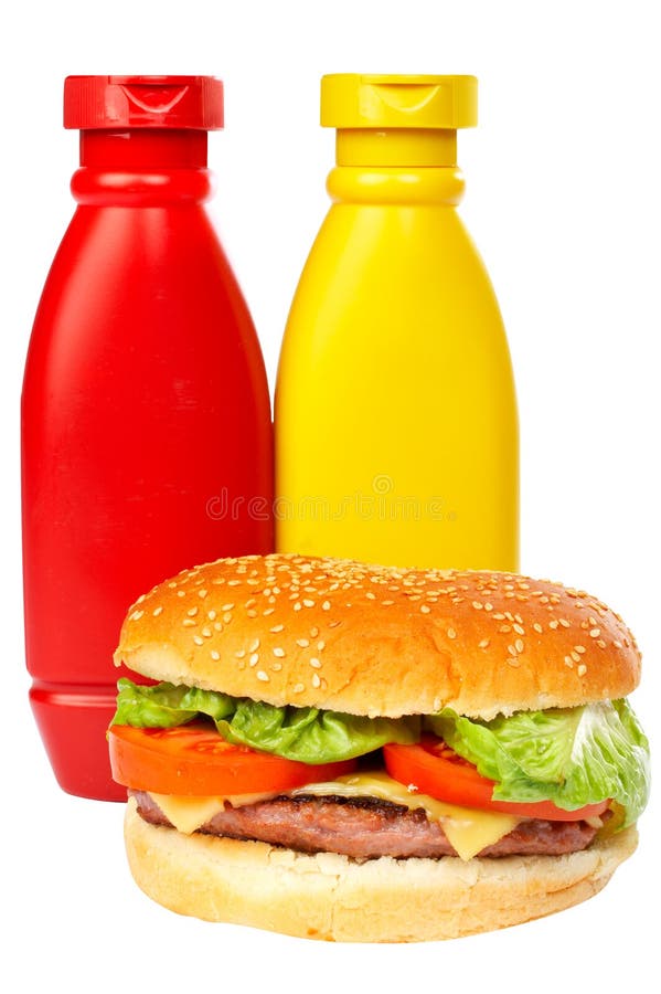 Burger With Mustard And Ketchup Bottles Stock Image Image 1755777