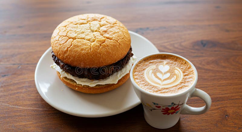Burger na białym talerzu z okrągłym lekko tostowanym bułkiem ciemnej wołowiny i ilustracji