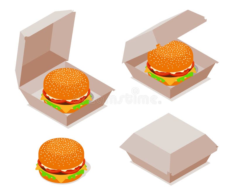 Burger with Open and Closed Cardboard Box vector illustration