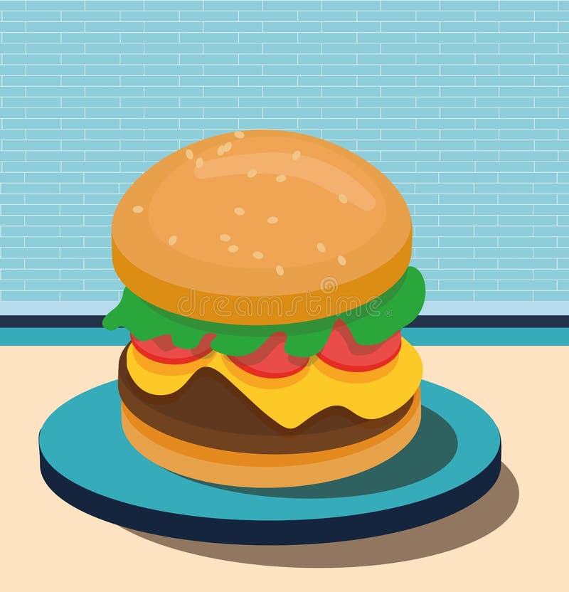 Burger on the Plate at the Blue Brick Wall Illustration Stock Vector