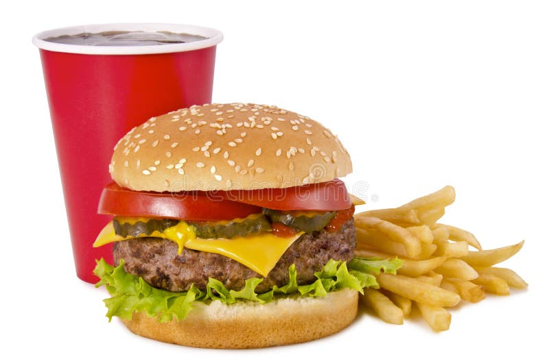 Burger, Pommes-Frites und Kolabaum lizenzfreie stockfotos