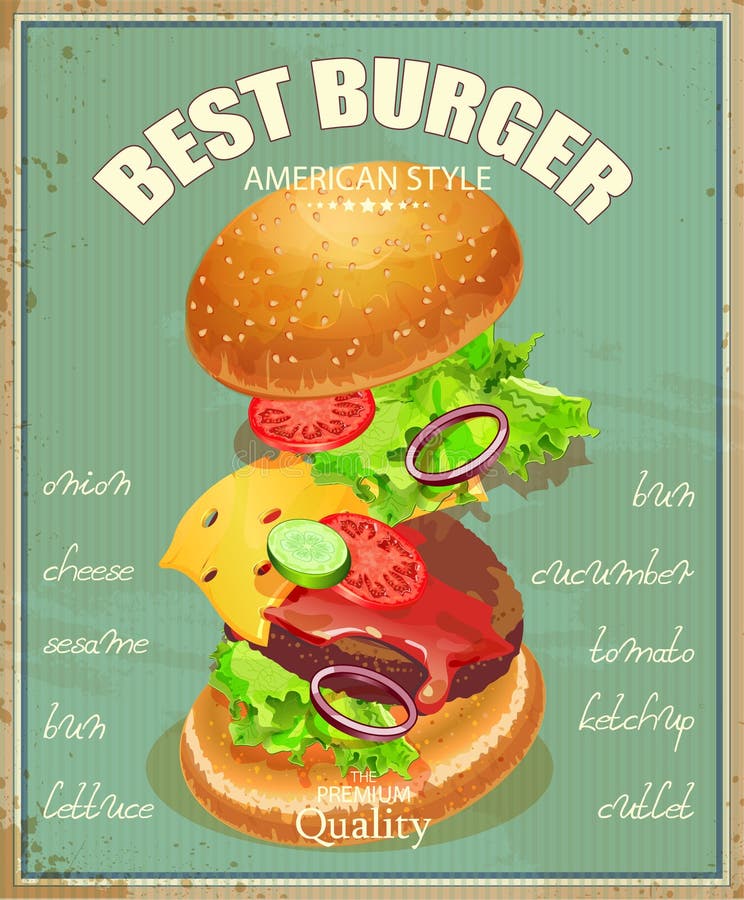 Burger Poster  In American Traditional Vintage Style Stock 