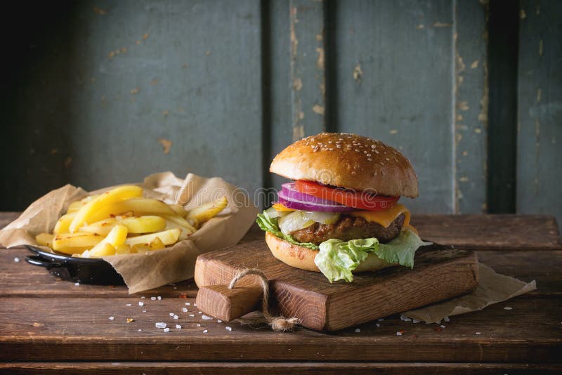 Burger and potatoes