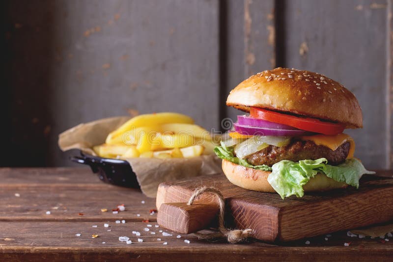 Burger and potatoes