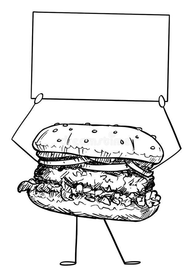 Burger sau hamburger cu caracter animat care conține un indicator gol în mâini cu ilustrație vectorială vector illustration