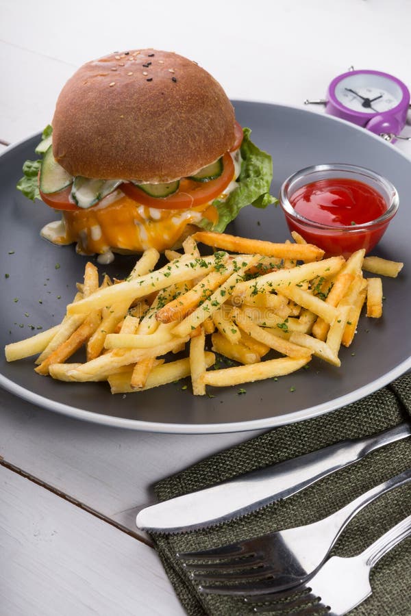 Burger Served With French Fries And Ketchup Stock Photo Image Of