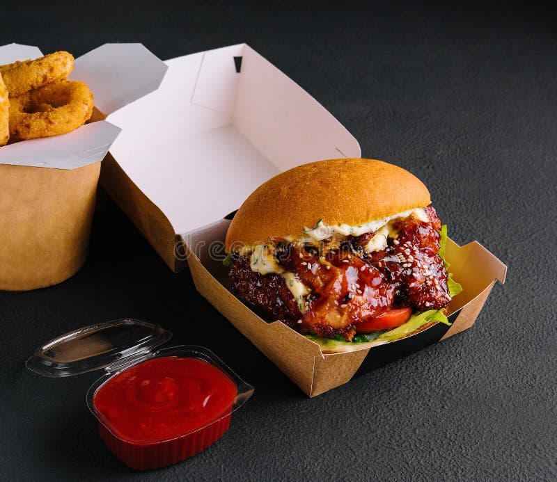 Burger with Spicy Asian Style Glazed Chicken Stock Image Image of