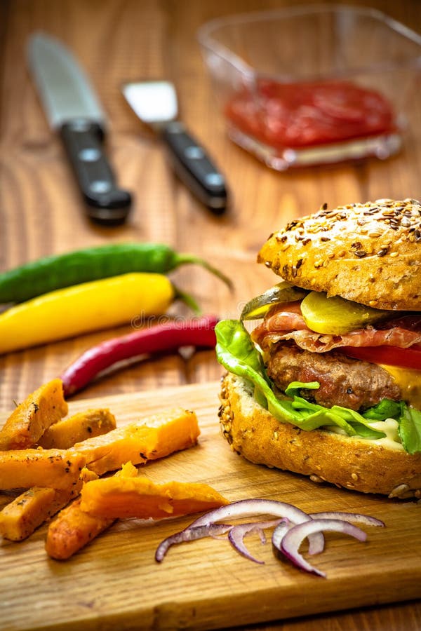 Burger With Sweet Potato Fries Stock Image - Image of burgers, drink