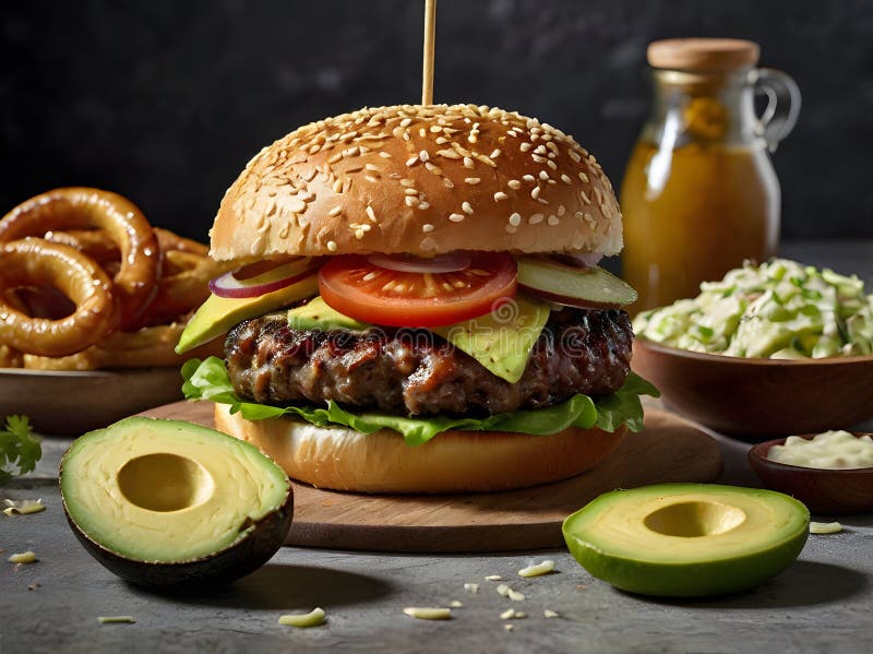 Burger Top, Photo of a gourmet burger on a dark background. Highlight unique toppings such as caramelized onions, avocado slices royalty free illustration