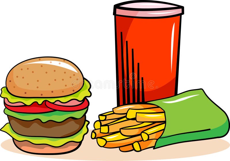 Burger, ποτά σόδας και τηγανιτές πατάτες ελεύθερη απεικόνιση δικαιώματος