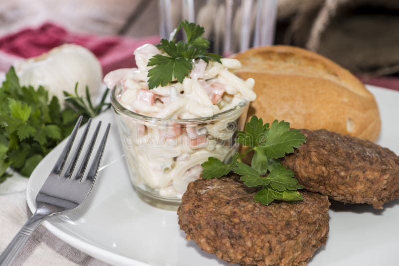 Burgers with Pasta Salad stock image. Image of mediterranean 33159795