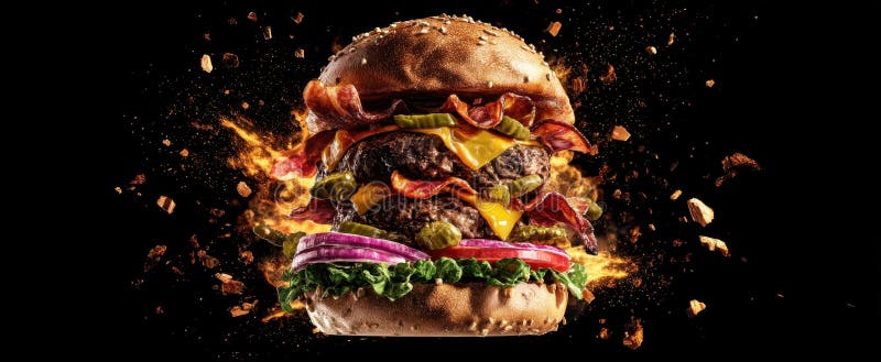 Burgerul care udă gura explodează cu aromă și energie pe un fundal întunecatImagine generată de AI royalty free stock images