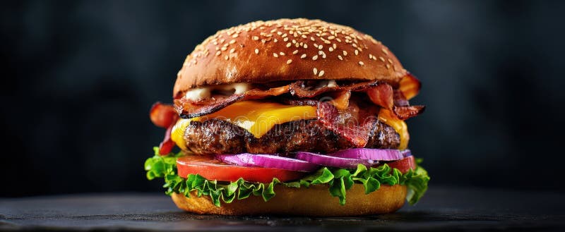 Burgerul cu apă de gură acoperit cu slănină crocantă și legume proaspete. royalty free stock photography
