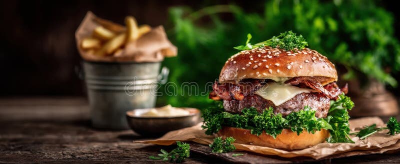 Burgerul cu apă de gură acoperit cu slănină și salată proaspătă pe fundal din lemnImagine generată de AI stock images