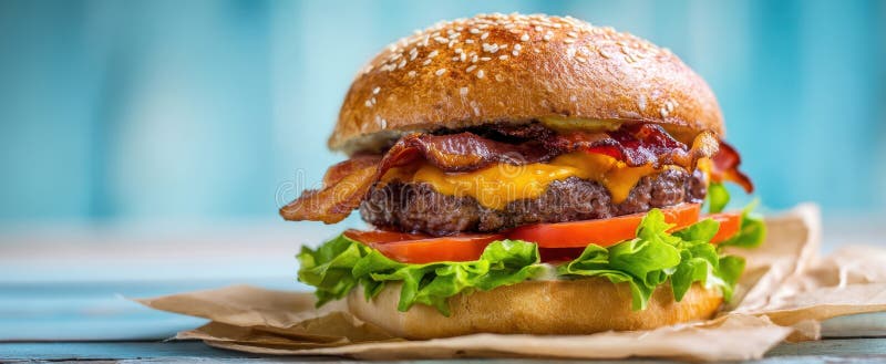 Burgerul cu apă de gură acoperit cu șuncă și brânză pe un fundal rustic. imagine generată de AI stock photo
