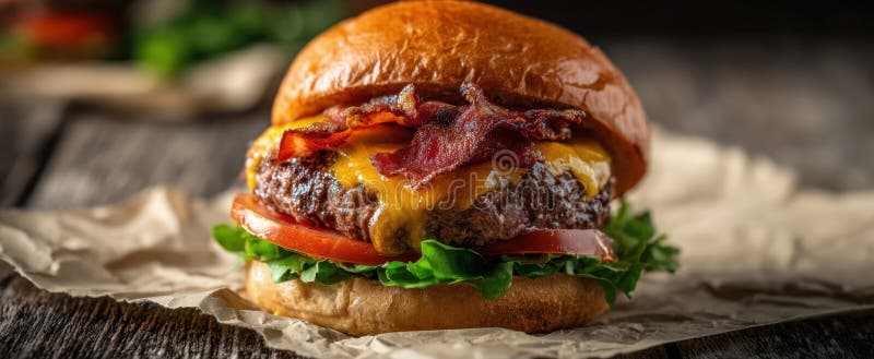 Burgerul cu apă de gură acoperit cu șuncă și brânză pe un fundal rustic. imagine generată de AI stock photos