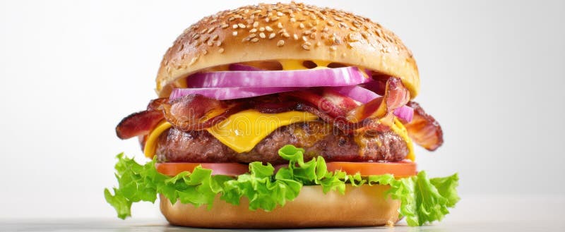 Burgerul cu apă de gură este acoperit cu brânză de bacon și legume proaspete gata să se bucure de imaginea generată de AI stock images