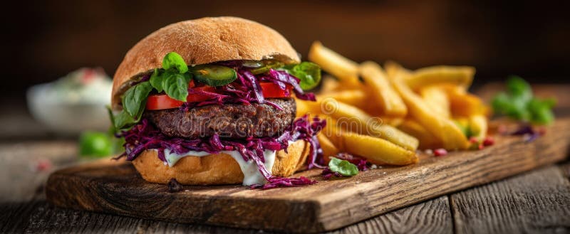 Burgerul cu apă de gură a servit cu cartofi prăjiți crocanți pe o masă rustică din lemnImagine generată de AI stock photos