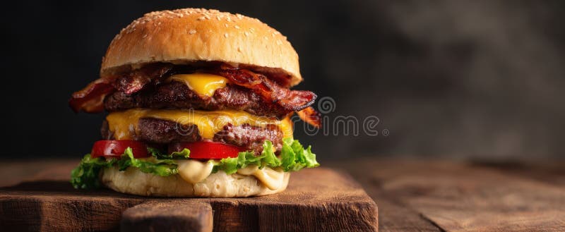 Burgerul cu apă de gură stivuit cu carne suculentă și ingrediente proaspete. imagine generată de AI royalty free stock image