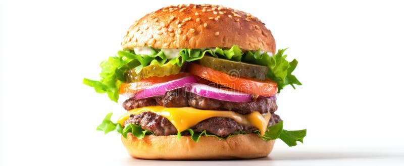 Burgerul cu apă de gură stivuit cu ingrediente proaspete și brânză topităImagine generată de AI stock image