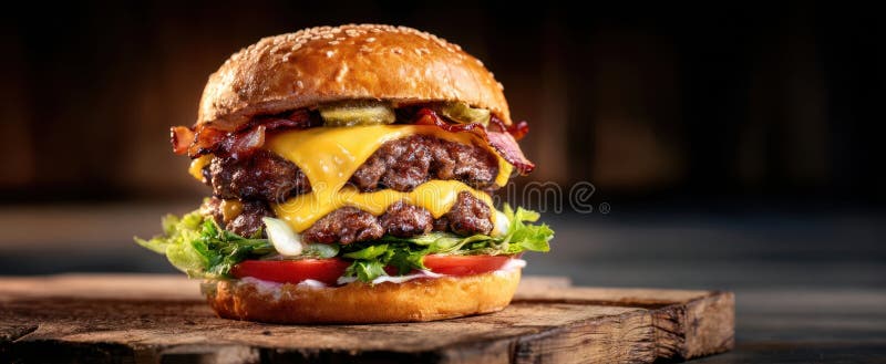 Burgerul cu apă de gură stivuit cu șuncă și brânză topită. imagine generată de AI royalty free stock photos