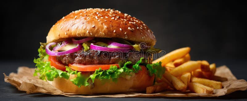 Burgerul cu apă de gură și cartofii prăjiți aurii pe o masă rustică din lemnImagine generată de AI royalty free stock image