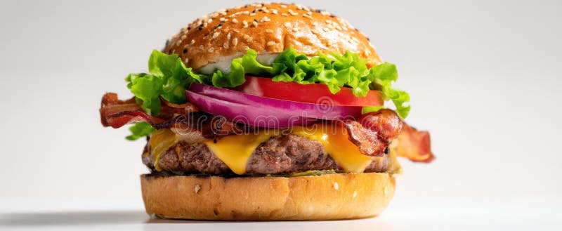 Burgerul de apă de gură acoperit cu brânză de bacon și legume proaspeteImagine generată de AI royalty free stock photos