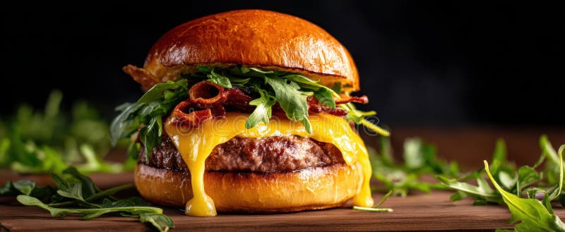 Burgerul de apă de gură acoperit cu brânză și slănină crocantă pe o placă de lemnImagine generată de AI stock photography