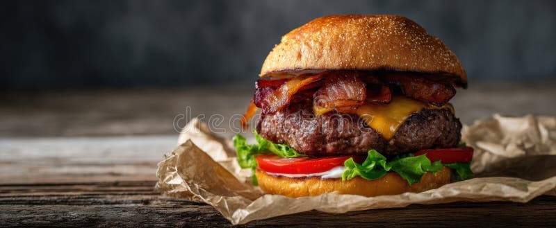 Burgerul de apă de gură acoperit cu slănină crocantă și ingrediente proaspeteImagine generată de AI stock images