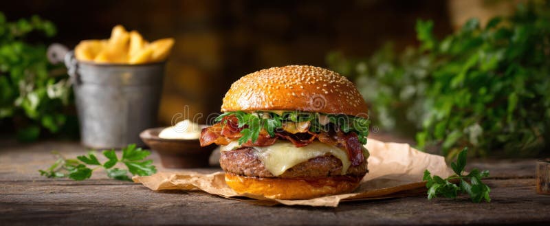 Burgerul de apă de gură acoperit cu șuncă de brânză și ingrediente proaspete plasate artisticAI generate imagine royalty free stock images