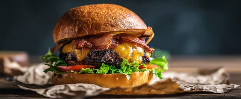 Burgerul de apă de gură acoperit cu șuncă și brânză pe o masă rusticăImagine generată de AI stock photography