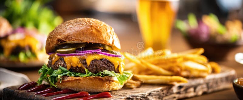 Burgerul de apă de gură asociat cu cartofi prăjiți crocanți și bere răcoritoareImagine generată de AI royalty free stock images