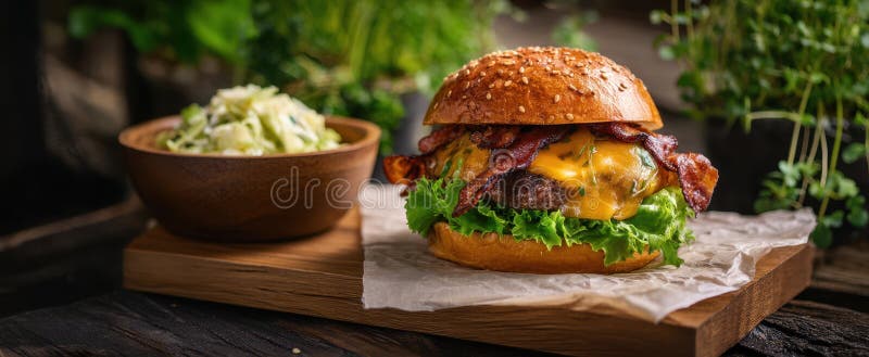 Burgerul de apă de gură cu bacon crocant și coleslaw proaspăt servit pe lemnAI imagine generată stock image