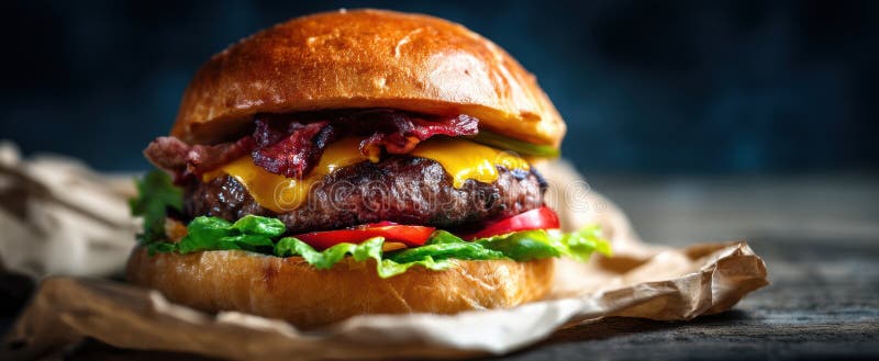 Burgerul de apă de gură cu bacon crocant și ingrediente proaspeteImagine generată de AI stock photos