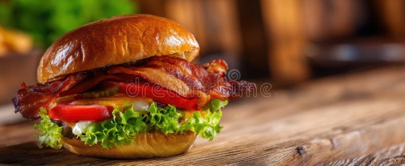 Burgerul de apă de gură cu bacon crocant și legume proaspete pe o masă din lemnImagine generată de AI royalty free stock image